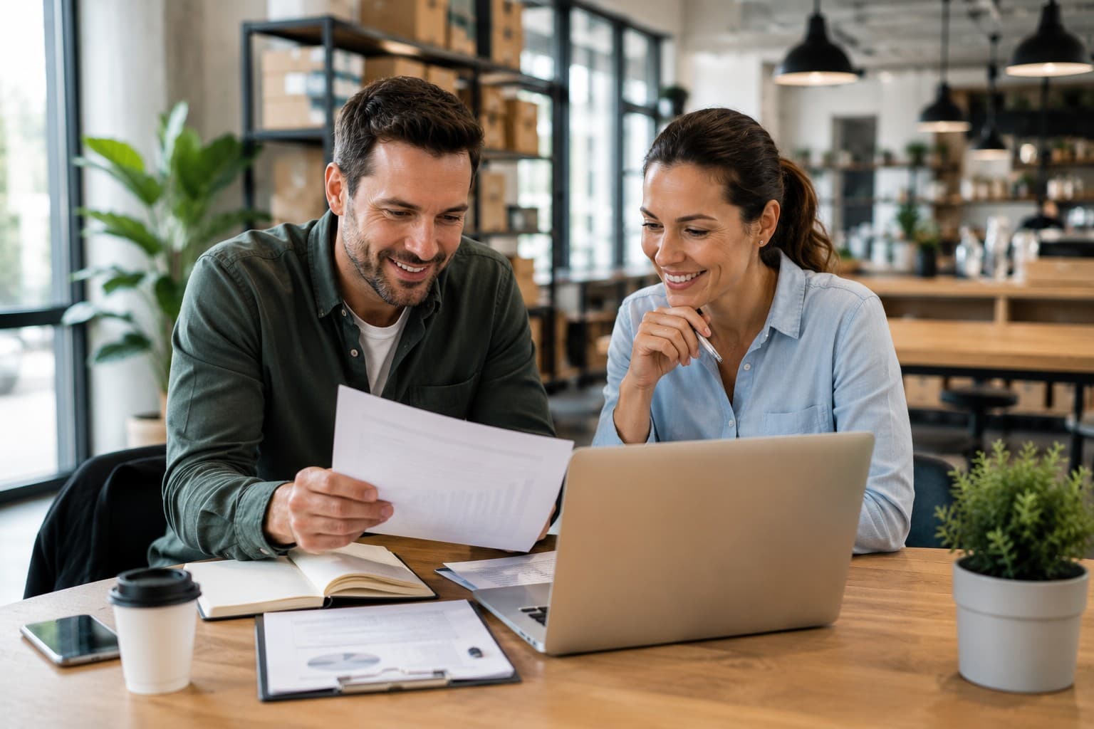 Business owners reviewing finance documents