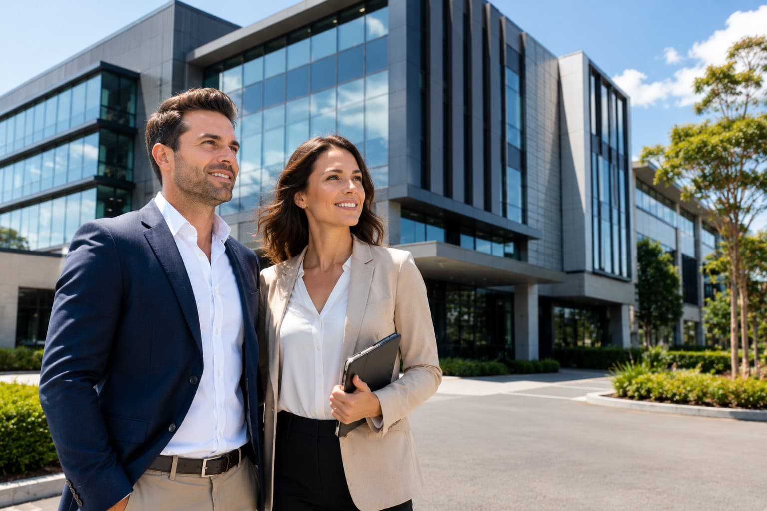 Business owners outside a modern commercial building