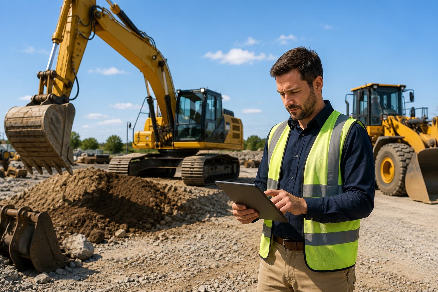 Business owner reviewing machinery finance options on a worksite