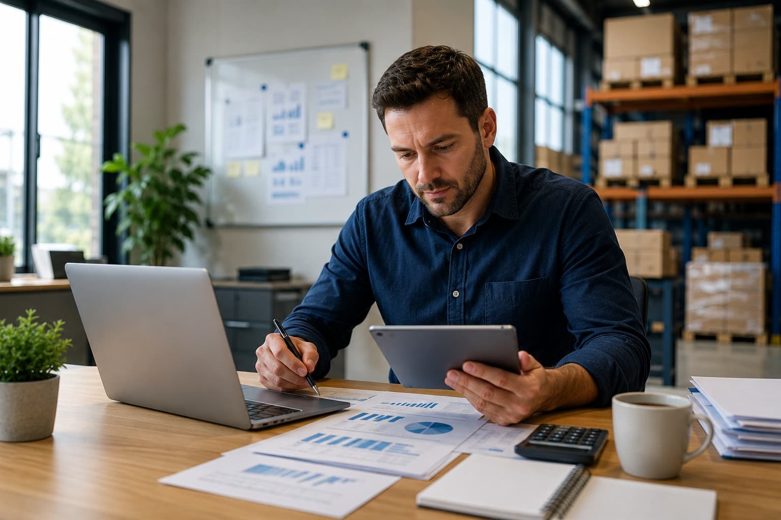 Business owner reviewing working capital finance documents