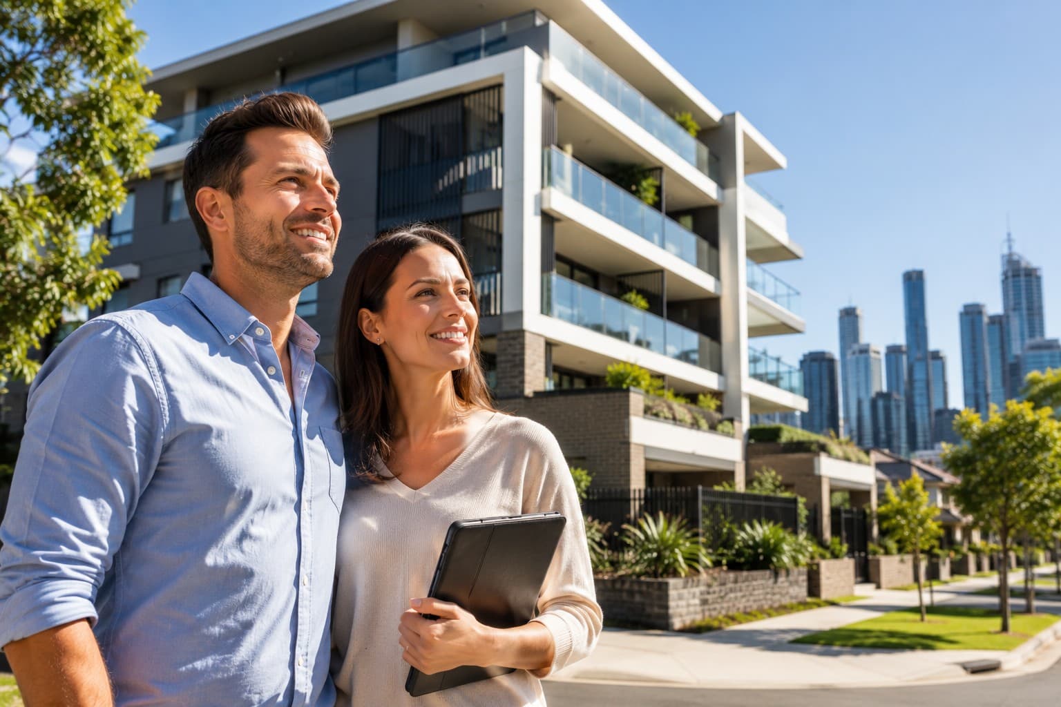 Property investors outside a modern apartment building