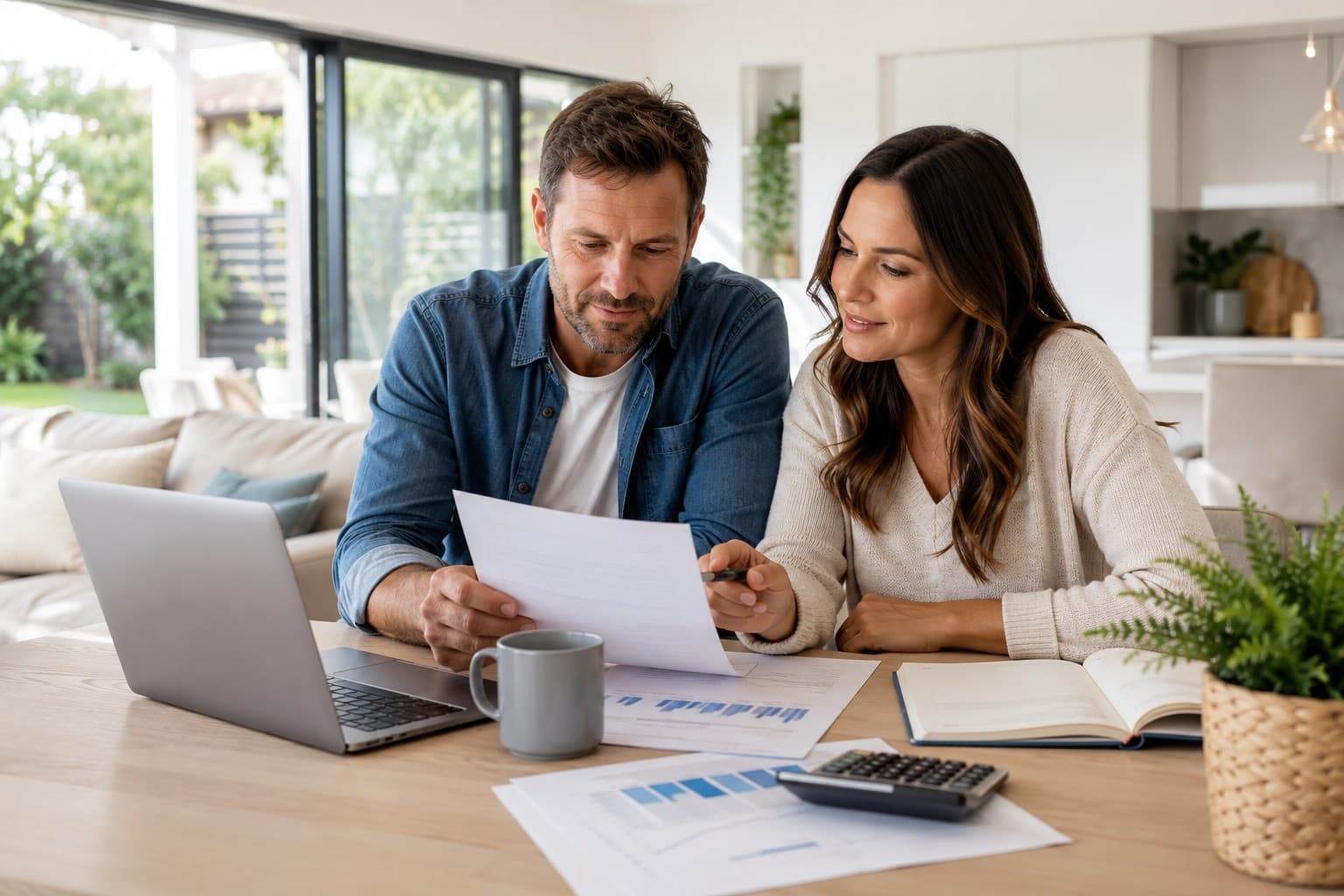 Couple reviewing refinance documents at home
