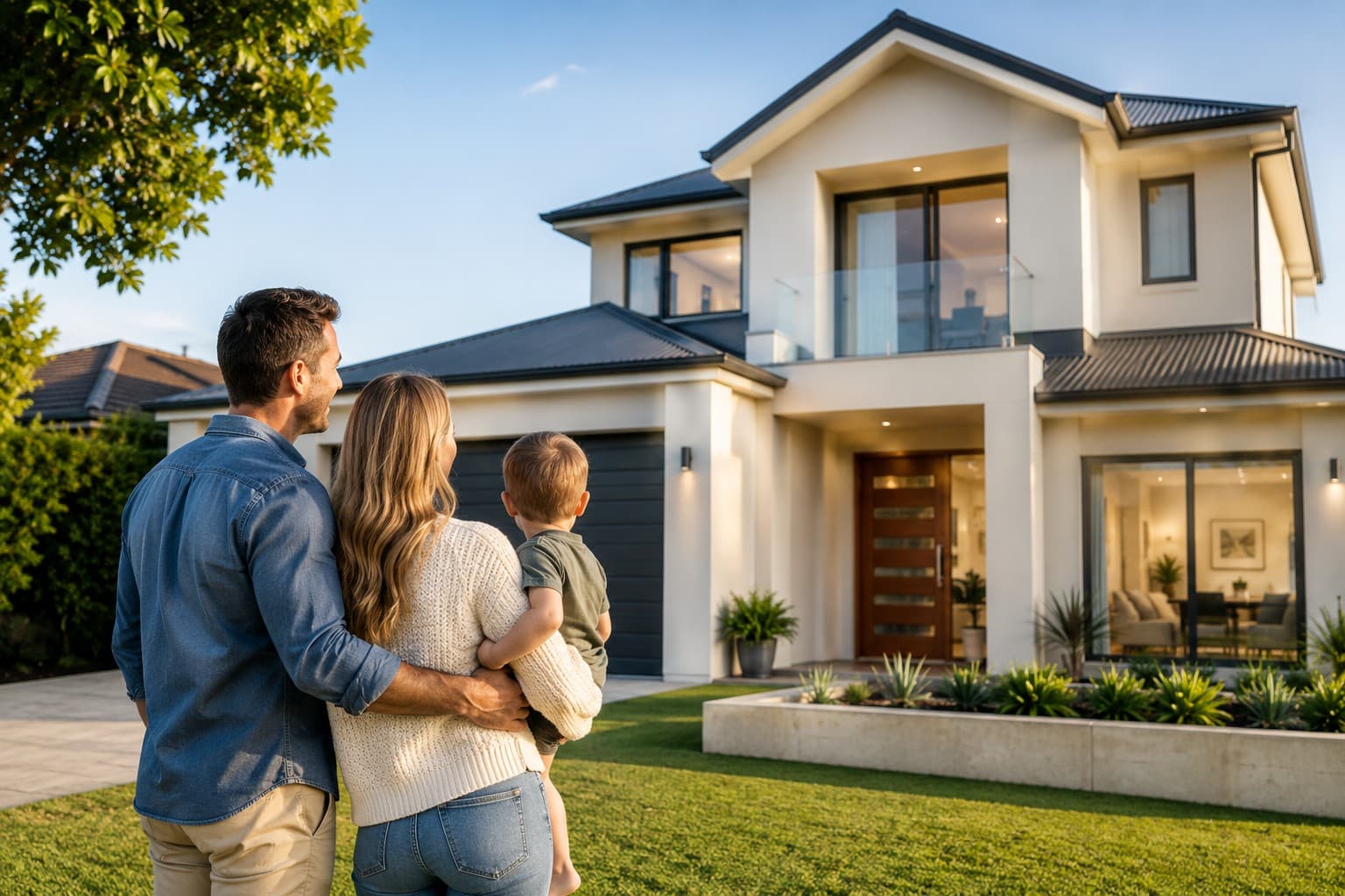 Family looking at a modern home